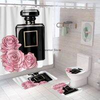 【hot】▨  4 Pieces Luxury Perfume Bottle Printed Shower Curtain Cover Toilet Lid