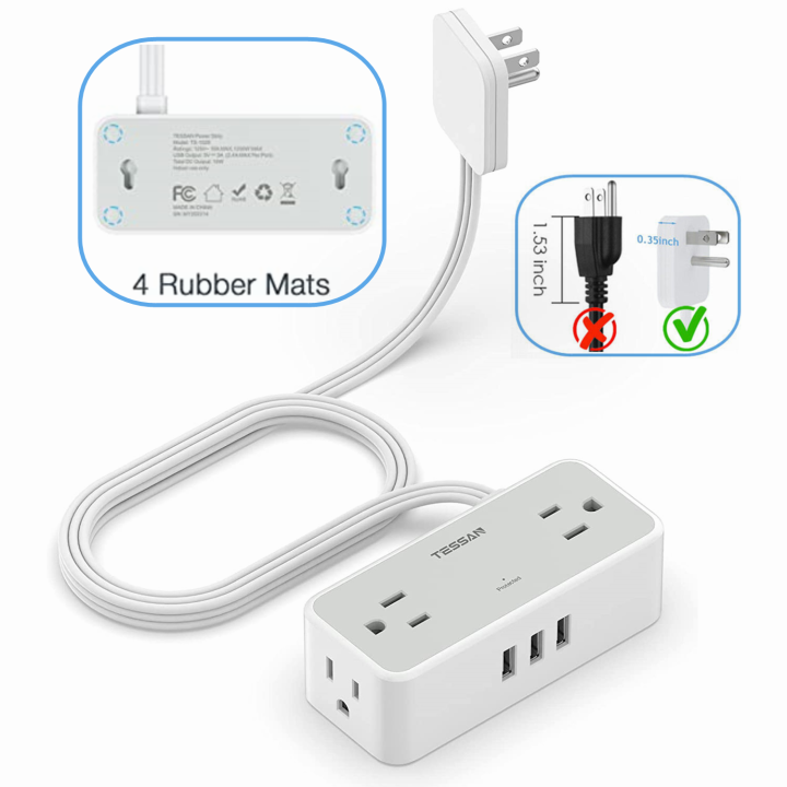 TESSAN Mini Power Strip with 4 AC Outlets & 3 USB Ports Ultra Thin Flat