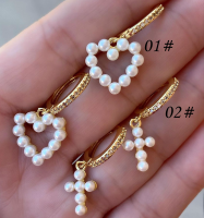 5 Pairs, Women Cross Mother of Pearl Earrings Golden Heart Cross Pearl Shell Jewelry CZ Circle Hoop For Girls