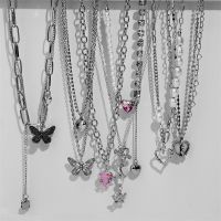 ∏◊✖ Silver Y2K Necklace Fashion Butterfly Pearl Pink Crystal Heart Drop Pendant Necklace Asymmetrical Accessories Sweet Chain Trendy