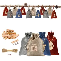 Christmas Calendar Bag Set 24 Days Drawstring Gift Bag with Christmas Hanging Wooden Pendant Candy Bag