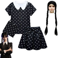 TOP☆{Sweet Baby} Kids Girls Summer Dress Wednesday Addams Girls Pleated Dress + T shirt 2 Pcs Set Baby Kid Clothes Princess Dress Sets For Age 4 5 6 7 9 11 12 yrs