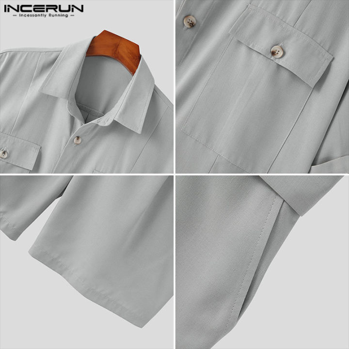 incerun-กางเกงขาสั้นคาร์โก้สำหรับผู้ชายชุดจั๊มสูทมีกระดุมเสื้อแขนสั้นเสื้อคลุมหลวมๆกางเกงขาสั้นแบบพอดีตัว-สไตล์เกาหลี