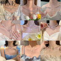 FINE TOO Heart จี้ผีเสื้อ Cherry Accent Chain Choker สร้อยคอคริสตัลเพิร์ลเพิร์ลสำหรับผู้หญิง