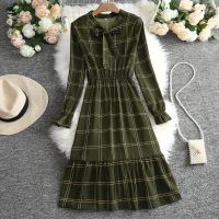 R plaid bow tie high waist long sleeve dress