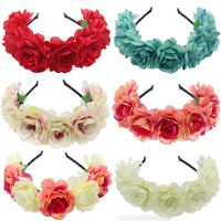 New Fashion Women Bride Flowers Headband Mexican Style Rose Flower Crown Hairband Ladies Elastic Hair Head Hoop Hair Accessories