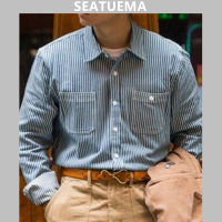 SEATUEMA สวมเสื้อทำงานวินเทจ,เสื้อเชิ้ตมีลาย,ชายสีกากีแขนยาวเสื้อเชิ้ตมีลายกระโปรงลายทางแนวตั้ง,เสื้อโค้ทยอดนิยม