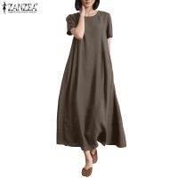 ☋✙☈ ZANZEA Women Korea Holiday Short Sleeve A Swing With Pocket Insert Hemp Dresses