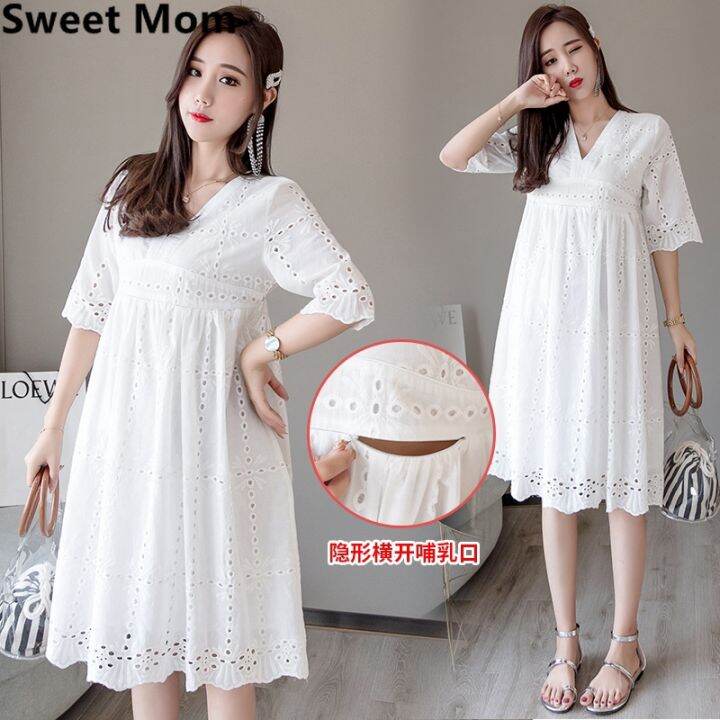 ready-stock-maternity-nursing-dress-v-neck-slim-waist-summer-pregnancy-feeding-dress