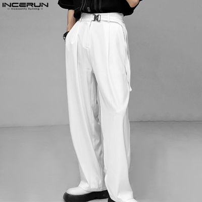 INCERUN กางเกงขายาวผู้ชายขาตรงสำหรับผู้ชายกางเกงขายาวใส่ทำงานแบบลำลองพอดีตัว (สไตล์เกาหลี)