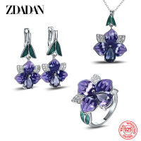 ZDADAN 925 Sterling Silver Purple Flower Crystal Ring Earring Necklace Set For Women Fashion Glamour Gift Wedding Jewelry