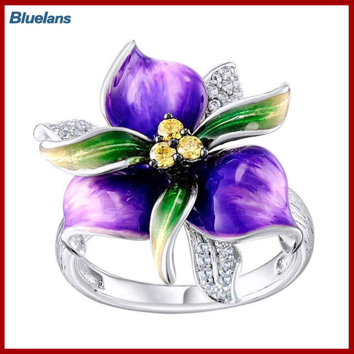 Bluelans®ดอกไม้สีม่วงพลอยเทียมฝังผู้หญิงแหวนใส่นิ้วงานแต่งงานของขวัญเครื่องประดับ