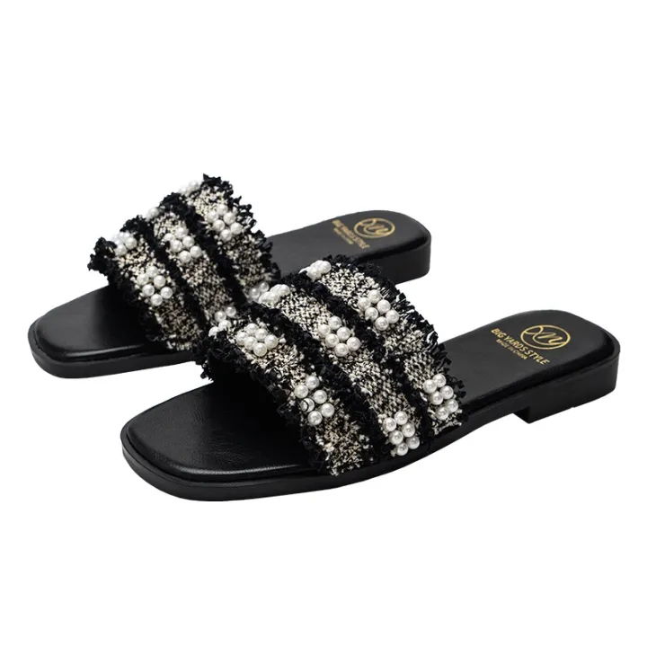 ขายดีที่สุด-ioztt2023-large-size-42-43-slippers-for-2022-sandals-flat-with-pearls-soft-sole-no-back