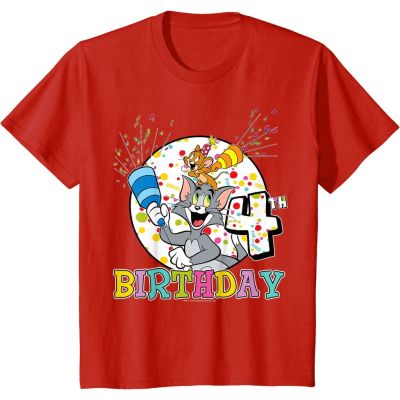 OO  พิมพ์ลาย เสื้อยืดแขนสั้น ผ้าฝ้าย พิมพ์ลาย Tom And Jerry 4th Birthday Portrait น่ารัก แฟชั่น สําหรับเด็กผู้ชาย และเด็กผูS-5XL