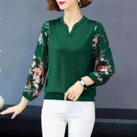 Women Lantern Sleeve Blouse Long Sleeves Loose Bottoming Shirt Round Neck Printing Pullover Tops