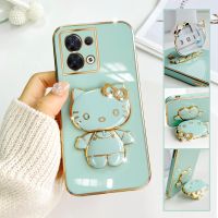 For Oppo Reno8 Mobile Phone Case Fashion Temperament Plating TPU Advanced Rotary Stand Makeup Mirror Hello Kitty Folding Mirror Stand Net Red New Couple Gift Soft Touch Anti slip Anti fall Protective Case