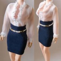 1/6 Female Sexy Low-cut See-through Lace White Blouse Blue Hip Skirt with Pearl Belt Professional Suit Model for 12" Figure Body