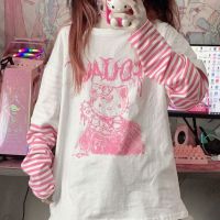 Summer Oversized T-Shirts Women Harajuku Cartoon Kawaii Cat Print Fake Two Pieces Long Sleeve T Shirt Female Tops y2k Clothes