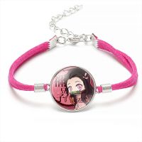 Anime Demon Slayer Vintage Wool Rope Bracelets Nezuko Zenitsu Glass Cabochon Velvet Bangle