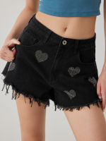 Cider Rhinestone Heart Ripped Denim Shorts