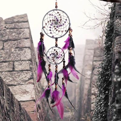 New original hand-woven two-ring purple feather dream catcher pendant large dream catcher home pendant