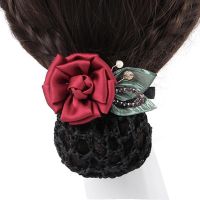 Elegant Rose Professional Hairnet Staff Hair Ornaments Crystal Flower Hairpin