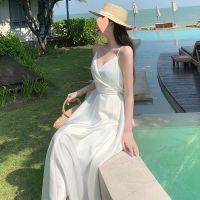 Spot parcel post French Style Vintage Satin Sexy Super-Fairy White Suspender Dress Seaside Vacation Style Backless Beach Dress Womens Summer