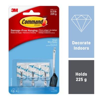 3m Command Small Clear Wire Hooks -  Small, 3 Hooks, 4 Strips, Holds Up To 225g, Keys, Framed Photos, Clocks