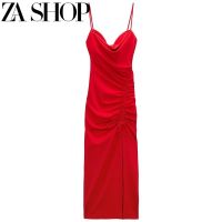 ZA Summer New Pleated Decorative Midi Dress Female High Waist Slit Straight Skirt 8221332