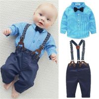 0-24M Newborn Baby Boys Outfits Bow Tie Res Blue Plaid Shirt Suspender Pants Trousers Outfits Toddler Infant Baby Boys Clothes