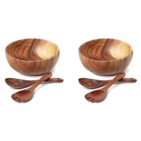 2X Wooden Salad Bowl- 9.4 Inch Wood Salad Wooden Bowl with Spoon, Can Be Used for Fruit, Salad