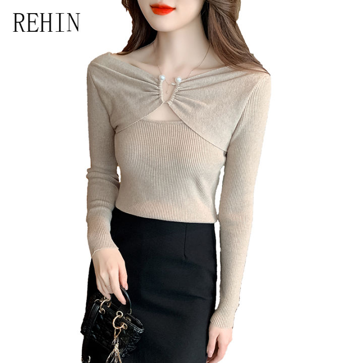 rehin-ของผู้หญิงด้านบนด้านหน้ากลับสองวิธีในการสวมใส่ถักเสื้อกันหนาวเสื้อแขนยาวฤดูใบไม้ร่วงภายในเสื้อบาง