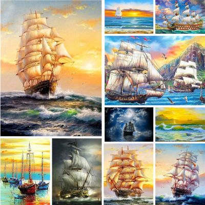 ﹍◇✳ Ocean Ship Landscape Printed Canvas Cross-Stitch DIY Embroidery Complete Kit Handicraft Craft Painting Sewing Floss Mulina Gift