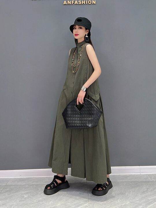 xitao-dress-loose-solid-color-casual-stand-collar-sleeveless-tanks-dress