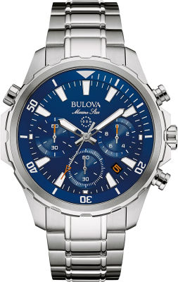 Bulova Mens Marine Star Chronograph Watch, 43mm Stainless Steel/Blue Dial