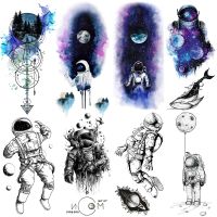 hot【DT】 Astronaut Watercolour Temporary Tattoos Kids Men Fake Cosmonaut Tatoo Leg