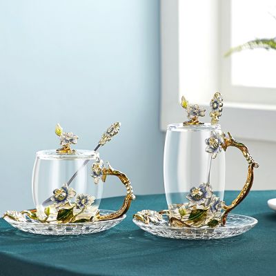 【High-end cups】 ทำมือเคลือบดอกไม้แก้วแก้วถ้วยกาแฟหอมชาแก้วนมน้ำมะนาวถ้วยแก้วคนรักของขวัญคู่แก้ว Drinkware