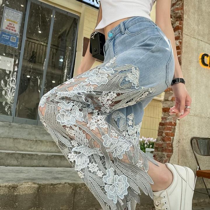 กางเกงยีนส์ผู้หญิงเย็บลูกไม้ออกแบบ-2023-กางเกงลำลองทรงตรงสไตล์ย้อนยุคใส่แล้วดูผอมสไตล์ใหม่ฤดูร้อน