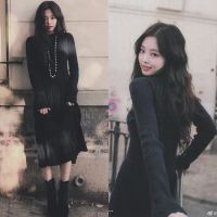 Blackpink Jennie Korean Vintage Fashion ชุดเดรสสั้นลายสก็อตสไตล์เกาหลี Long Sleeve Knitted Maxi Dress ชุดเดรส