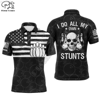 【high quality】  Mens Black 3d Bowling Skull Printed Short Sleeved Polo Shirt S-6XL