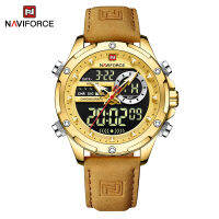 NAVIFORCE Waterproof Men Watch Trendy Casual Leather Watches Digital Quartz Chronograph Gold Wristwatch NF9208