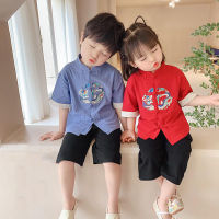 【CW】2Pcs Chinese Traditional Kids Tang Suit 2022 New Year Children Hanfu Dragon Embroidery Spring Festival Costumes Short Sleeve