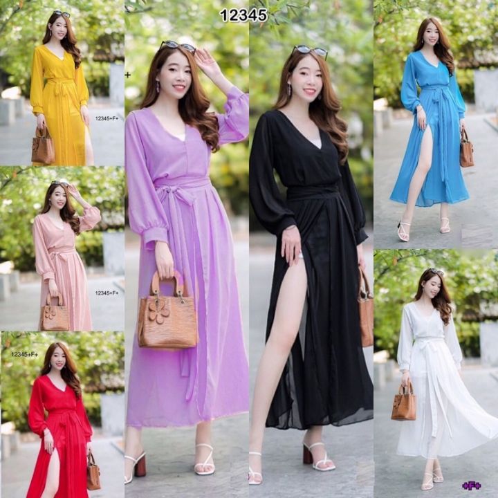 dress-เดรสคอวียาว-งานผ้าชีฟองพริ้วๆ-เลยค่ะ-เนื้อผ้าใส่สบาย-มีซิปหลัง-เอวเย็บติดสายผูกสวยๆ