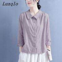 Luxqlo เสื้อโปโลคอปกวินเทจเสื้อสไตล์จีนแขนยาวผ้าฝ้ายลินินแบบหลวมเสื้อคอตตอนเรียบง่ายลำลองใหม่