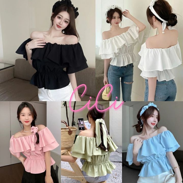 cici-พร้อมส่ง-no-2233-เสื้อปาดไหล่แต่งขายระบาย-ผ้าหนานุ่มจั้มเอว-ยืดได้เยอะ-มีสายแต่งไข่มุกแถมไปกับแมทซ์