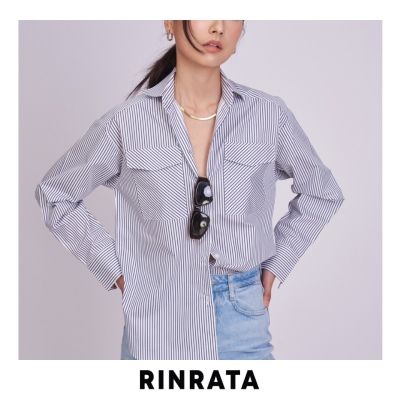 RINRATA - Indigo Shirt OVERSIZED SHIRT เสื้อเชิ้ต แขนยาว ลายเส้น 2 สี กรมท่า ขาว คอปก กระดุมหน้า มีกระเป๋า โอเวอร์ไซส์ ใส่สบาย เสื้อทำงาน เสื้อใส่เที่ยว