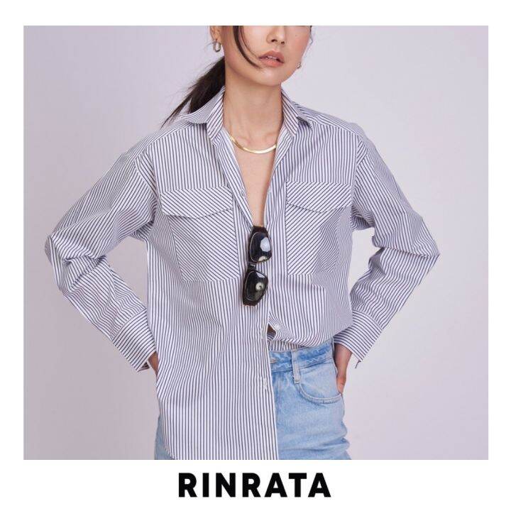 rinrata-indigo-shirt-oversized-shirt-เสื้อเชิ้ต-แขนยาว-ลายเส้น-2-สี-กรมท่า-ขาว-คอปก-กระดุมหน้า-มีกระเป๋า-โอเวอร์ไซส์-ใส่สบาย-เสื้อทำงาน-เสื้อใส่เที่ยว