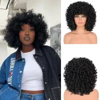 14" Short Afro Kinky Curly Wigs With Bangs For Black Women Synthetic Natural Hair Big Bouncy Loose Curly Cosplay Wig Annivia Wig  Hair Extensions Pads