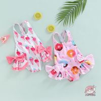 【Candy style】 JOP7-Kids Girls Swimwear, Sleeveless Doughnut/Ice Cream Printed Large Bowknot Ruffled Triangle Bathing Romper