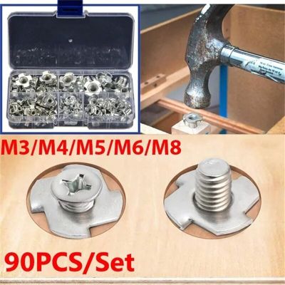 90Pcs/Set Zinc Plated Four Claws Nut Carbon Steel T Nut Four-Pronged Tee Nuts Woodworking Furniture Tool Nails  Screws Fasteners
